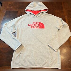 The North Face Women’s Large Gray Pullover Hoodie Red Logo Thumb Holes